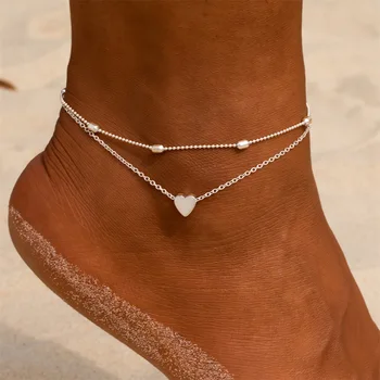 Ženy 2021 Ženy Ponožky Jednoduché Srdce Naboso Háčkovanie Sandále Na Nohy Šperky Dvojvrstvové Nohy Nohy Náramok Pláži Ponožky