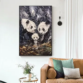 Moderné Abstraktné Krásne Panda Rodiny Zvierat Paletu Nôž Ručné Maľovanie Na Plátno Veľké Wall Art Akryl Textúra Maľba Dekorácií