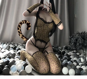 Sexy Mačka Dievča Jednotné Pokušenie Leopard Tlač Cosplay Žien Žijúcich Zvierat Halloween Kostým Maškarný Hlavový Most Roleplay Jednotné