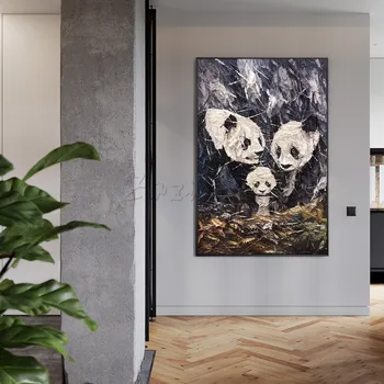 Moderné Abstraktné Krásne Panda Rodiny Zvierat Paletu Nôž Ručné Maľovanie Na Plátno Veľké Wall Art Akryl Textúra Maľba Dekorácií